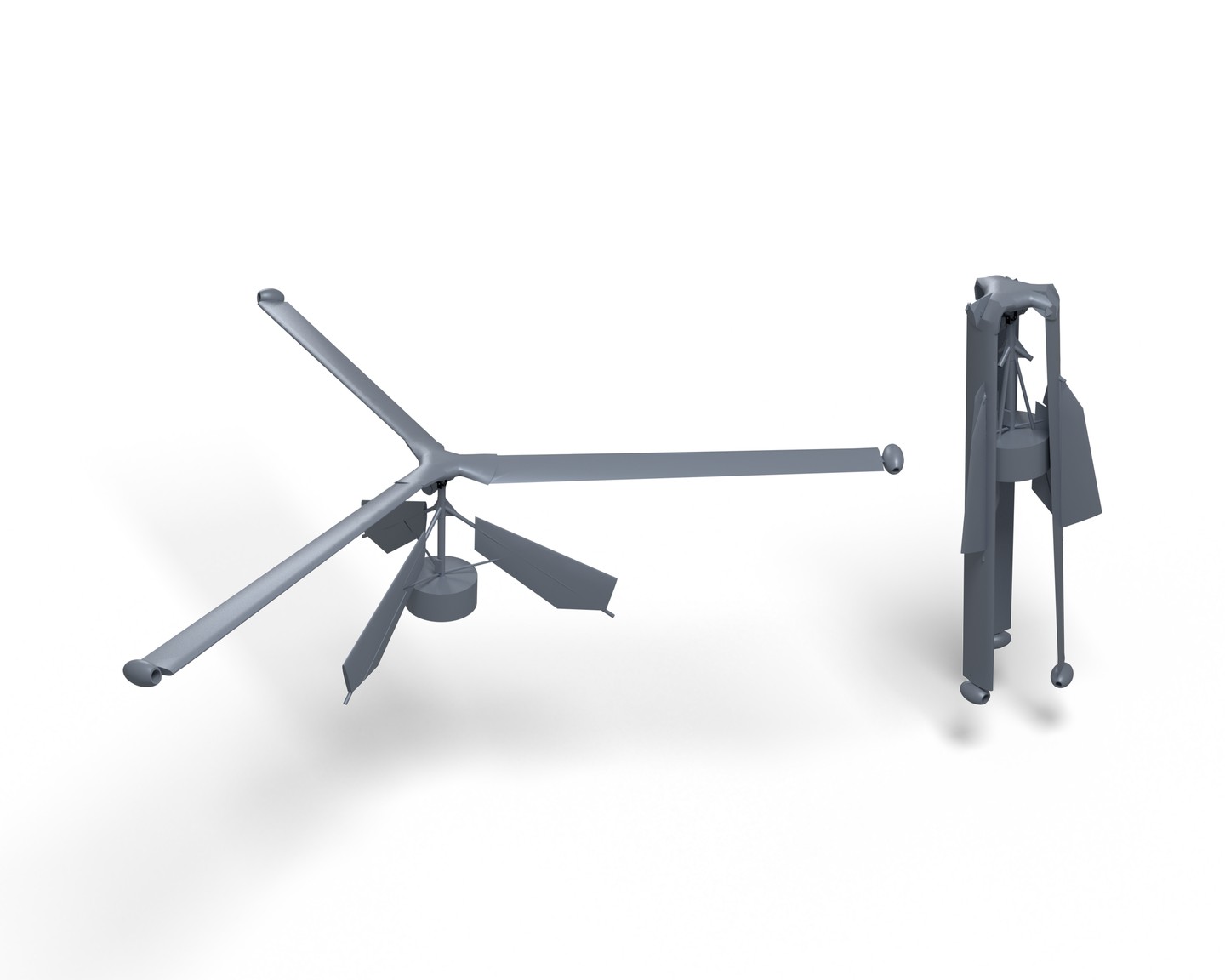 BUZCO from its CAD, flying and folded at one scale: three fixed-pitch blades with tip turbines above the mast, gimbal, fuel tank and payload frame; folded, the blades hang beside the mast